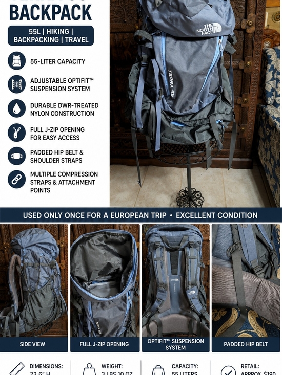 The North Face Terra 55 Backpack 55L Hiking Travel Pack Used Once Europe Trip